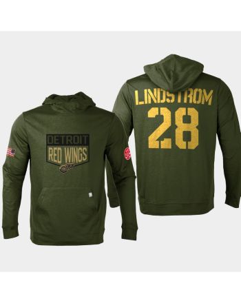 Gustav Lindstrom 28 Detroit Red Wings 2022 Salute to Service Men's Pullover Hoodie Olive