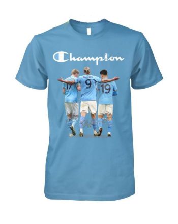 Manchester City Haaland Bruyne Alvarez 2023 Champions T-Shirt - Light Blue