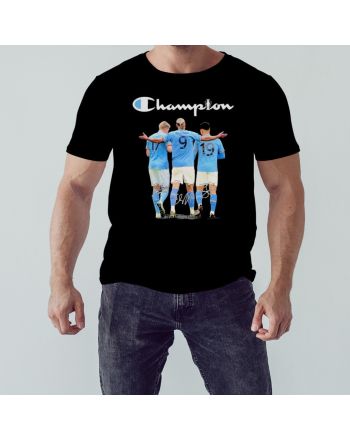 Manchester City Kevin Bruyne, Erling Haaland And Julian Alvarez 2023 Champions T-Shirt- Black